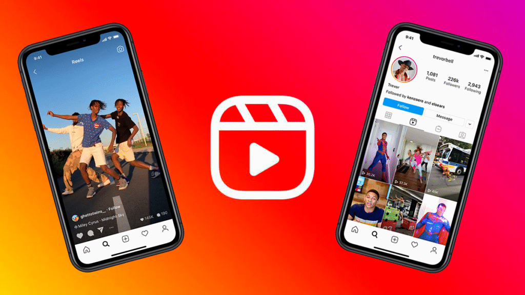 Two smartphones on a vibrant red-to-orange gradient background with the Instagram Reels logo in the center. The phone on the left shows a Reels video of three people dancing outdoors, while the phone on the right displays an Instagram profile with multiple Reels thumbnails.