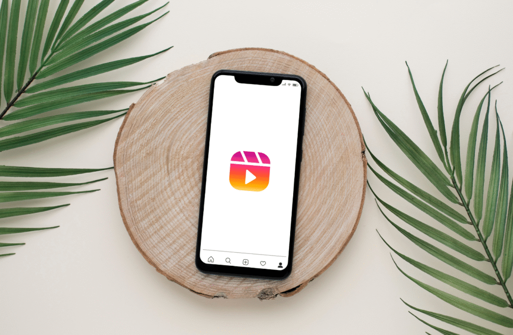 A smartphone placed on a wooden log slice, displaying the Instagram Reels logo on its screen. The setup is complemented by green palm leaves on both sides, against a light beige background.